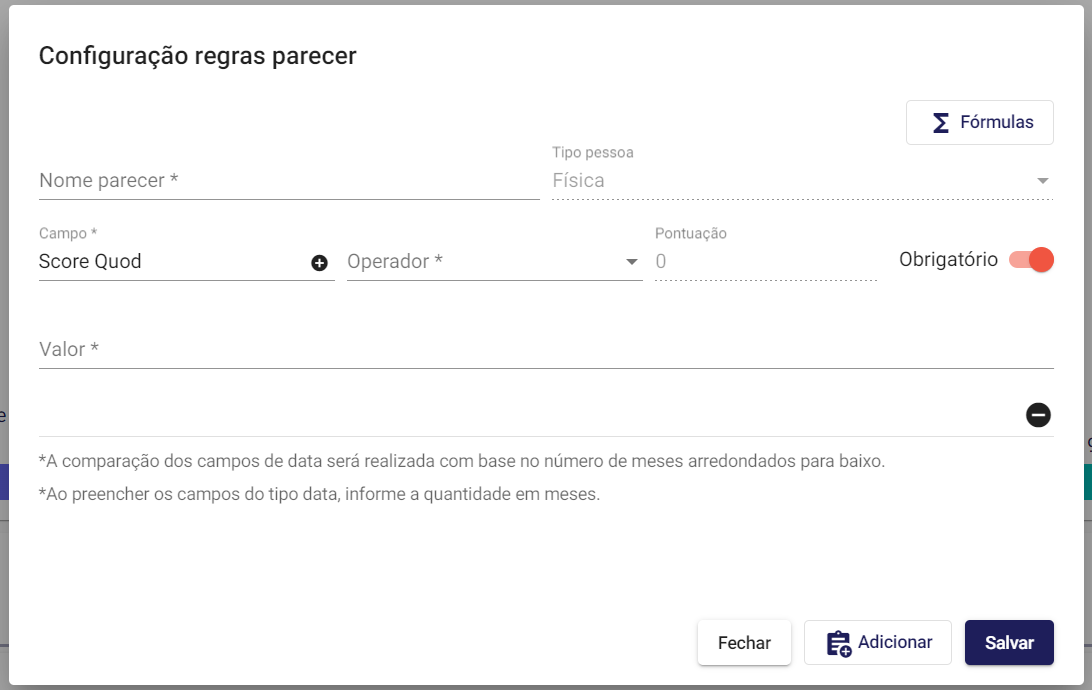 Modal configuração regras parecer